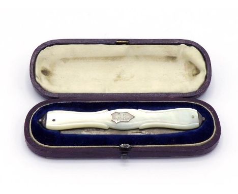 A Victorian mother-of-pearl handled folding silver fruit knife by Ashforth & Harthorn, Sheffield, 1846, the shaped handle wit