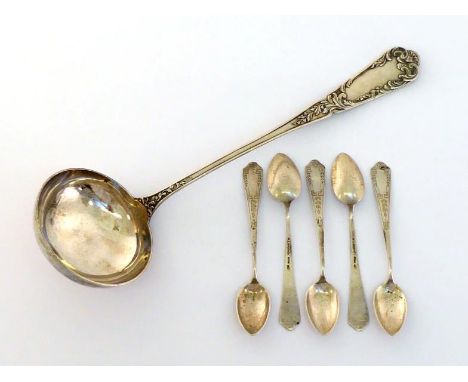 A French silver plated soup ladle by  S. F.A.M, circa 1910; together with a set of five German .800 standard silver teaspoons