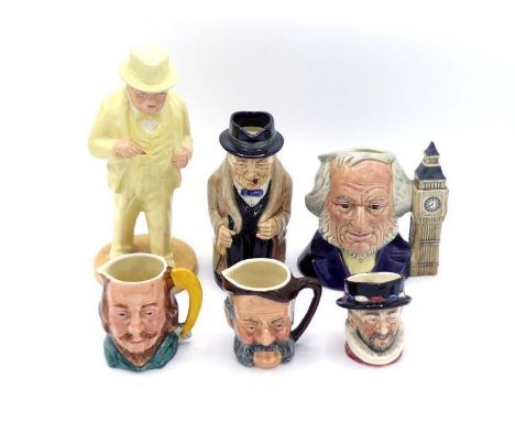 Five ceramic character jugs, viz. a Royal Doulton seated Winston Churchill, a Royal Doulton Beefeater, a Royal Doulton Intern
