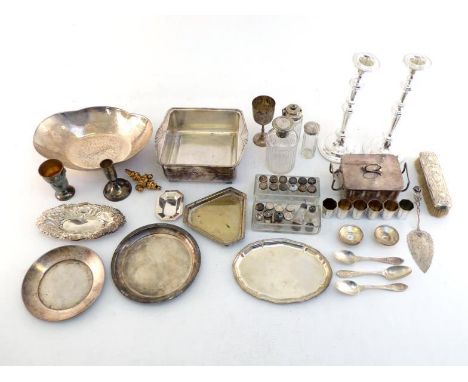 A mixed group of silver and plated items comprising:- Silver: a Victorian silver-mounted cruet bottle, London, 1862; an Austr