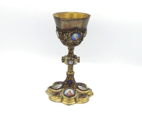 A French silver-gilt chalice, maker's mark apparently PG with mitre between, second half of 19th century,  set with enamel bo