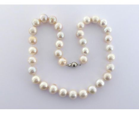A South Sea cultured pearl necklace, composed of uniform 16mm diameter pearls, to a white metal ball clasp, 44cm long CONDITI