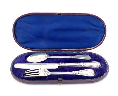 A Victorian silver three-piece christening set, the knife, fork and spoon of Grecian pattern, by George Adams, London, 1870, 