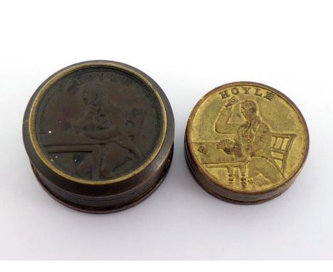 A set of four early 19th. century Hoyle gilt brass whist counters in their original brass case, the case and each token with 