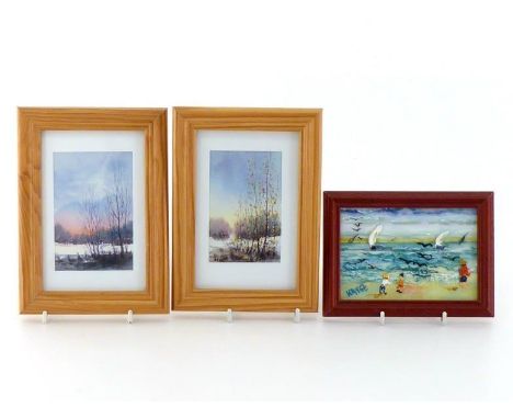 A pair of small modern prints in wood frames entitled "Hiver 1 and 2" and a small modern framed painting on glass entitled "A