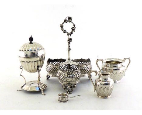 A group of silver-plated items comprising:- a trefoil form decanter frame, sides pierced with diaperwork and edged with fruit