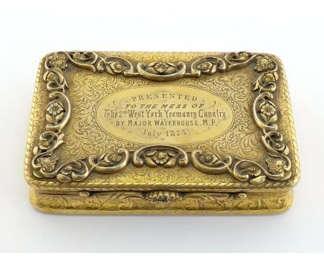 Yorkshire military interest/Regimental Mess silver:- An Indian Colonial silver-gilt table snuff box by Lattey Brothers & Co.,