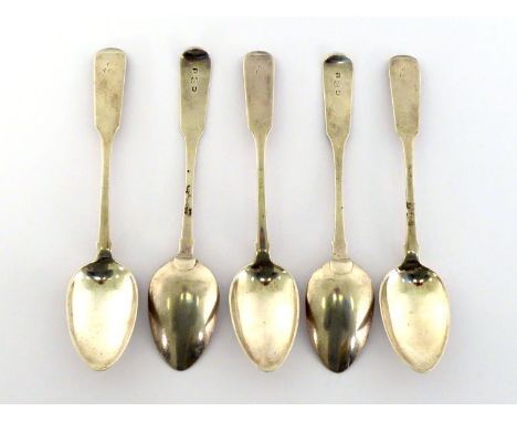A set of five George III Scottish Provincial silver Fiddle pattern dessert spoons by James Erskine, Aberdeen, circa 1810 (han
