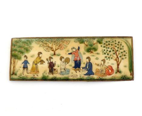 An early 20th. century Persian ivory panel painted with children playing and dancing. 10.5x4cm. 