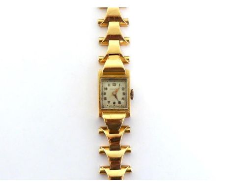 A French Art Deco lady's  yellow metal (tests 18 carat gold) manual wind wristwatch, the square dial with applied gilt Arabic