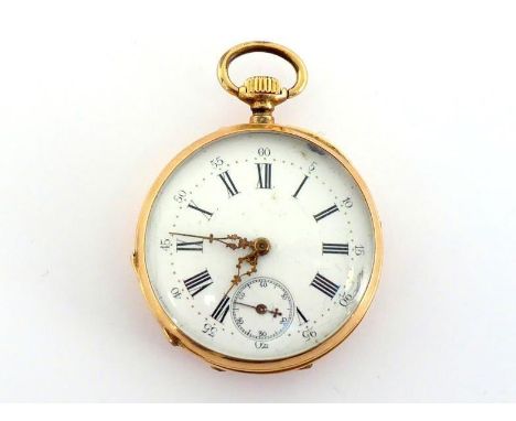 A late 19th/early 20th century 14 carat gold open faced keyless wind pocket watch, the white enamel dial with black Roman num