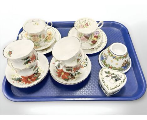 A small group of china, to include Royal Albert Sweet Pea trio, Royal Albert Yuletide tea cups and saucers, etc. 