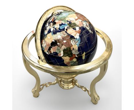 A gemstone globe on brass stand, diameter 34 cm 