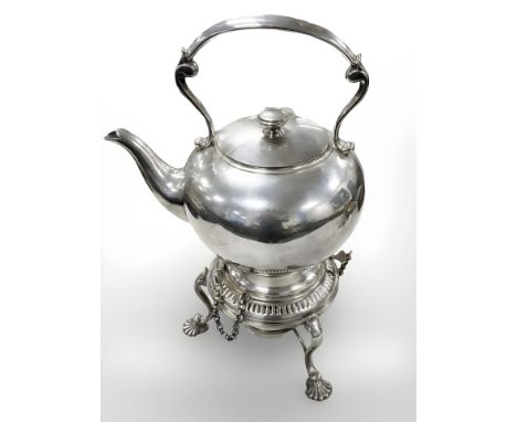 An antique silver-plated spirit kettle on stand, height 34 cm.