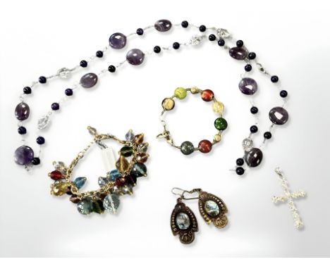 An amethyst and clear crystal necklace, together with Artigiano coloured crystal bracelet, crucifix pendant, pair of abalone 