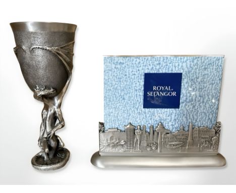 A Royal Selangor limited edition goblet inspired by Lord of the Rings Smaug, height 19.5 cm, together with a retail stand.