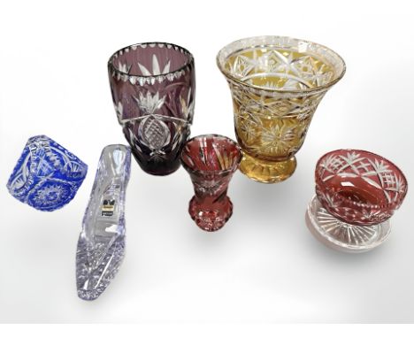 Six pieces of coloured crystal to include a shoe, basket and vases, etc  