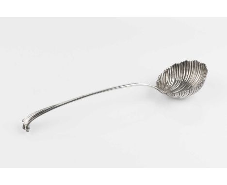 A George III silver Onslow pattern soup ladle, with scalloped bowl, by Elizabeth Tookey, London 1770, 26.5cm long, 4oz.