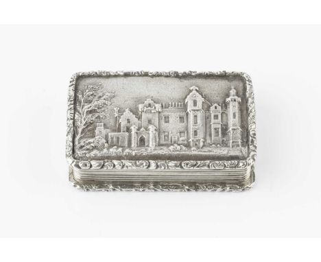 A William IV silver castle top vinaigrette, relief decorated with a view of Abbotsford House, having reeded sides and engine 