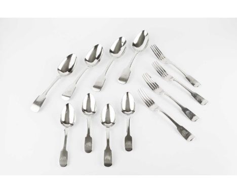 A matched part service of Georgian silver fiddle pattern flatware, comprising four table spoons, six table forks, and five de