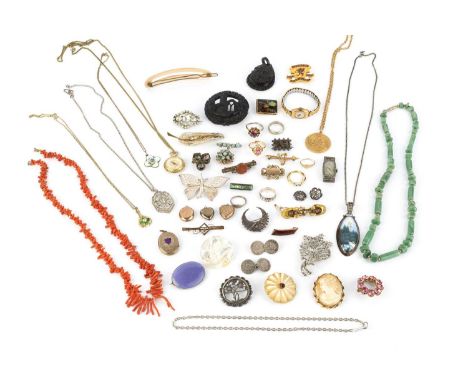 A collection of jewellery and costume items, comprising a Norwegian enamel floral pendant by David Andersen, signed and stamp