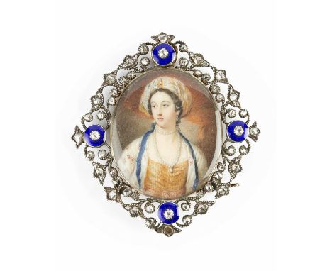 A 19th century enamel and diamond set memorial miniature pendant/brooch, the oval miniature painted with the portrait of a la