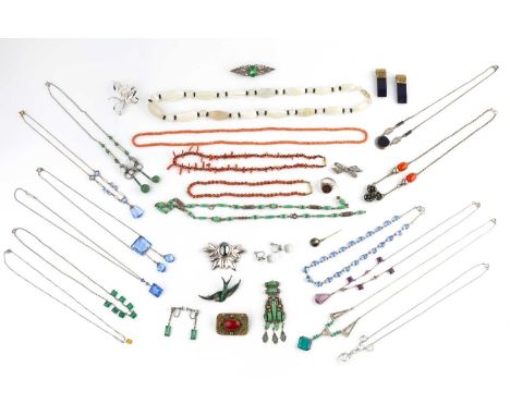 A collection of Art Deco and later jewellery, to include two coral corallium rubrum bead necklaces, a coral corallium rubrum 