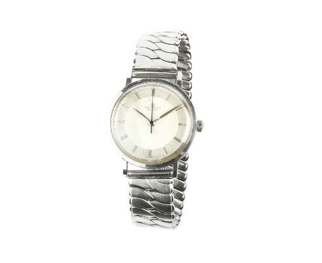 A stainless steel 'Chronomètre' wristwatch by Omega, the circular silvered dial with Roman numerals and centre seconds hand, 