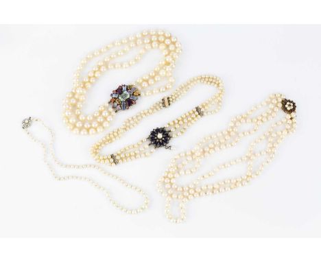 Four cultured pearl collar necklaces, comprising a triple strand necklace, centred with a blue enamel, cultured pearl and dia