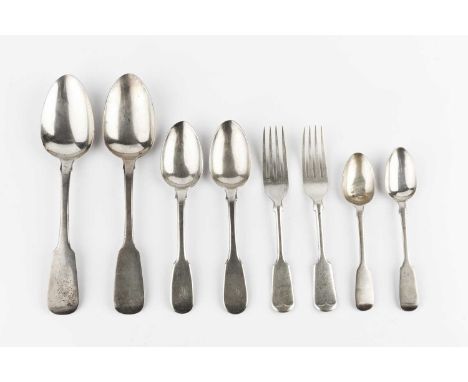 A matched part service of mainly 19th century silver fiddle pattern flatware, comprising eight Irish table spoons, six desser