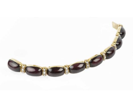 A garnet and half pearl bracelet, designed as a line of cushion-shaped cabochon garnets in closed-back settings, spaced by tr