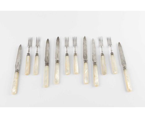 A set of six Edwardian silver fruit knives and forks, with mother of pearl handles, by Allen &amp; Darwin, Sheffield 1904, 12