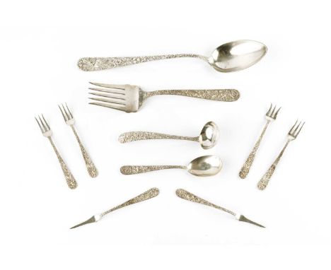 A collection of American silver Repousse pattern flatware, by S. Kirk &amp; Son Inc., comprising a gravy spoon, bread fork, s