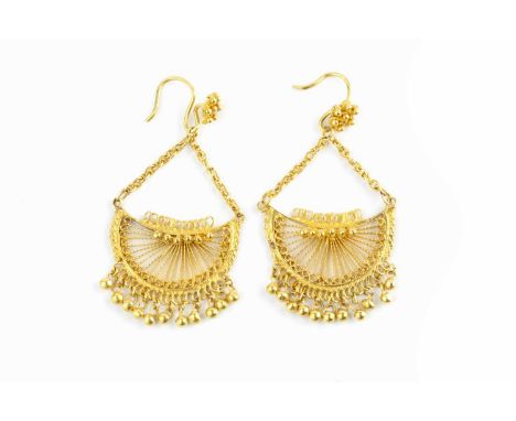 A pair of Eastern ear pendants, each filigree crescent-shaped panel suspending a fringe of bead drops, on a fancy-link suspen