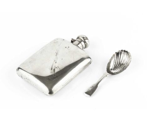 A George IV silver fiddle pattern caddy spoon, with scalloped bowl, by James Beebe, London 1828; and a silver hip flask, Birm