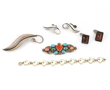A collection of jewellery, comprising a pair of Danish cabochon set cufflinks by N. E. From, with hinged baton fittings, sign