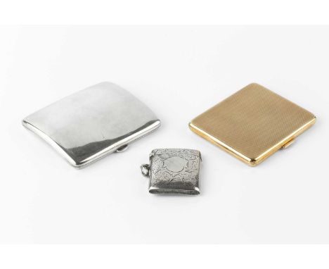 A 9 carat gold cigarette case, with engine turned decoration, by Asprey &amp; Co Ltd, Chester 1924, 7cm wide, 75g; together w