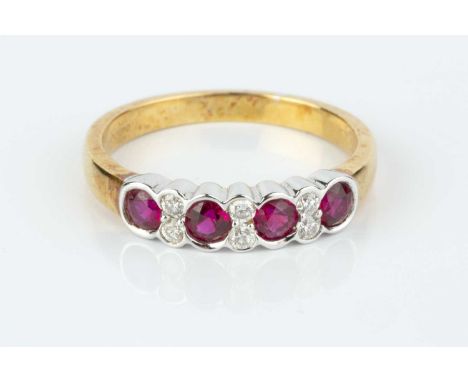 A ruby and diamond half hoop ring, alternately set with circular mixed-cut rubies and pairs of round brilliant-cut diamonds, 