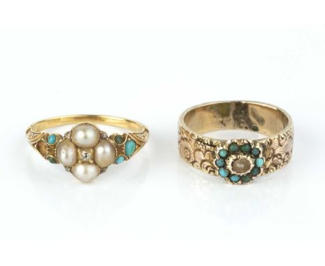 A 19th century half pearl, turquoise and diamond dress ring, centred with a cluster of old and lasque-cut diamonds and half p