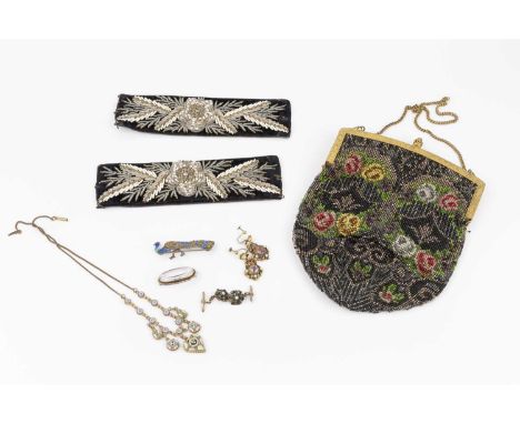 A collection of jewellery and costume items, comprising a pair of Austro-Hungarian style amethyst, half pearl and enamel ear 