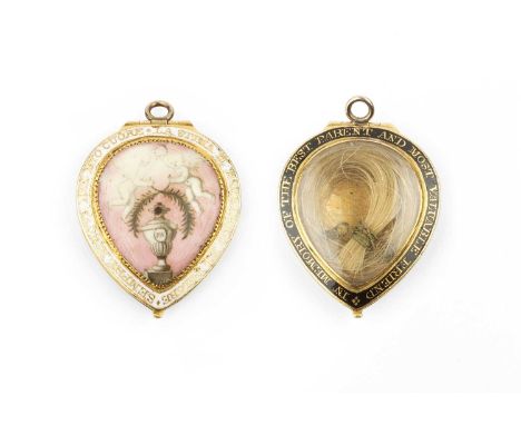 A Georgian enamel memorial pendant, the pear-shaped pink and white enamel panel decorated with a pair of winged cherubs holdi