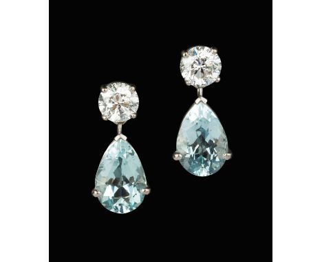 A pair of aquamarine and diamond ear pendants, each pear-shaped mixed-cut aquamarine drop surmounted by a round brilliant-cut