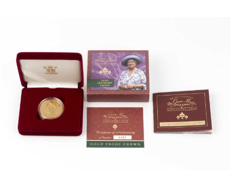 An Elizabeth II gold proof £5 crown, commemorating the Centenary of the Queen Mother, dated 2000, cased by the Royal Mint, ce