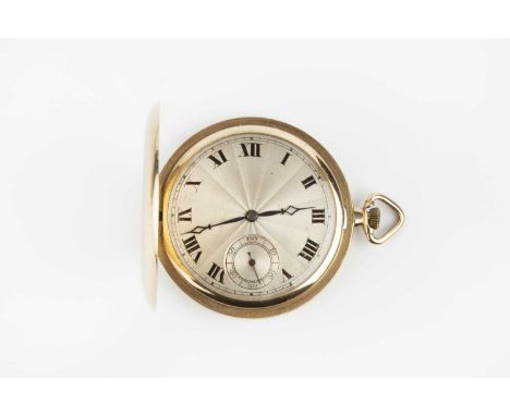 A 9ct gold hunter pocket watch, the engine-turned silvered dial with Roman numerals and subsidiary seconds dial, to a keyless