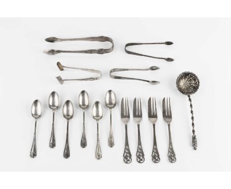 A late Victorian silver sifter spoon, with twist stem and apostle terminal, by Richard Hilliard, Birmingham 1892; a pair of V