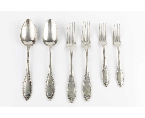 A part service of early 20th century German silver flatware, comprising six table spoons, six table forks, six dessert forks,