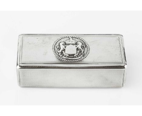 A 19th century Continental silver rectangular box, the hinged lid relief decorated with a coat of arms, the top and sides wit