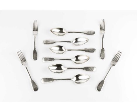 A matched part service of late 19th century Russian silver fiddle pattern flatware, comprising nine table forks, twelve table