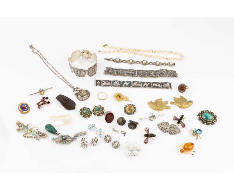 A collection of jewellery and costume items, to include a marcasite panel bracelet, stamped '935', three further panel bracel