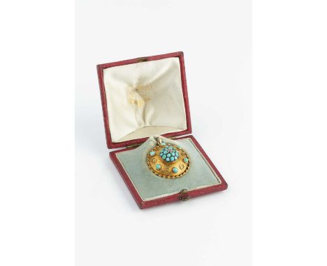 A Victorian turquoise and diamond set pendant, the circular domed panel centred with a pavé set cluster of cabochon turquoise